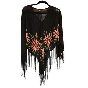 Vintage Maggie Barnes Handpainted Florals, Fringed Shoulder Ponch, Shawl Sheer